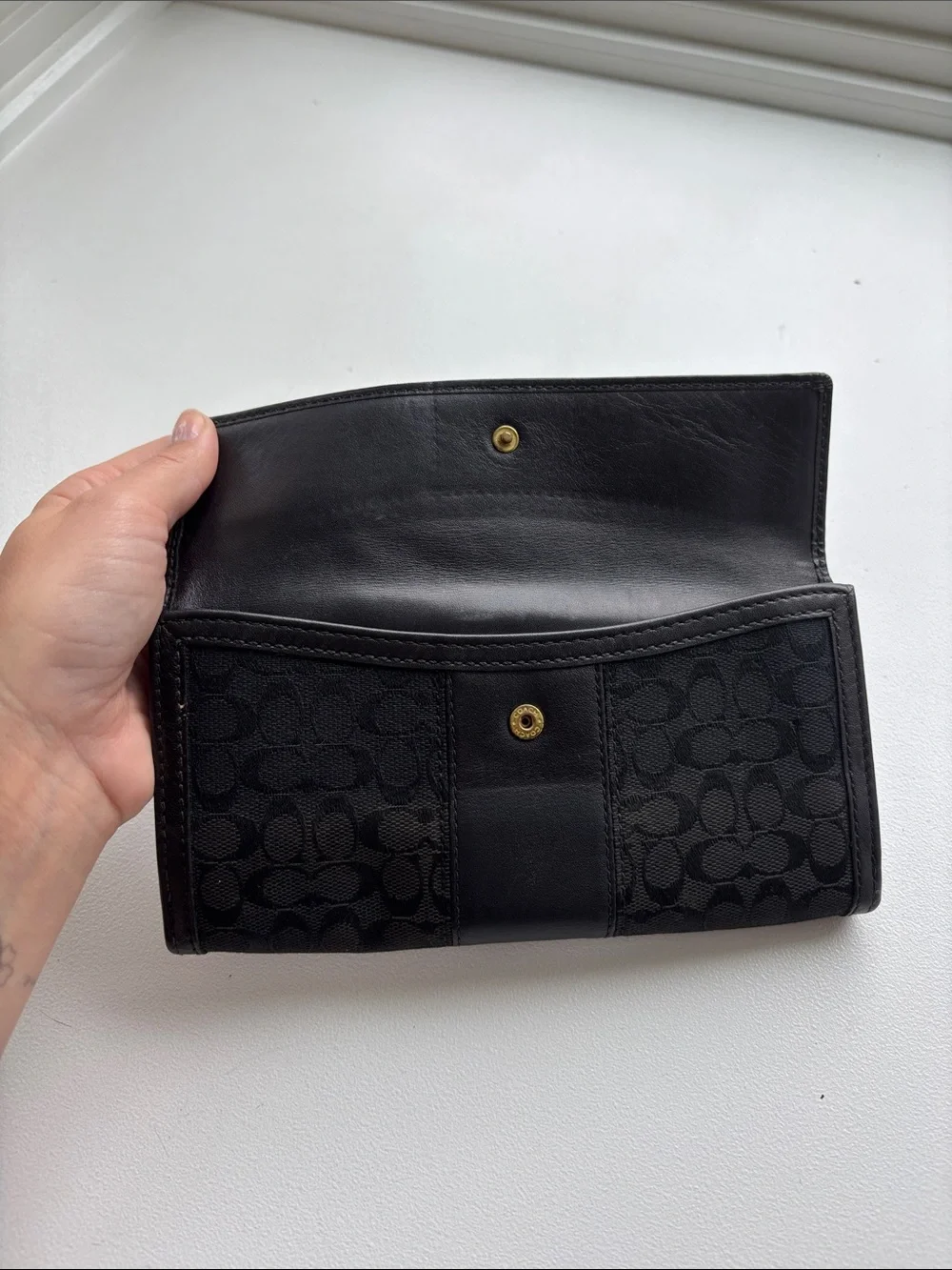 Coach Black Signature Canvas Continental Wallet with Gold Snap